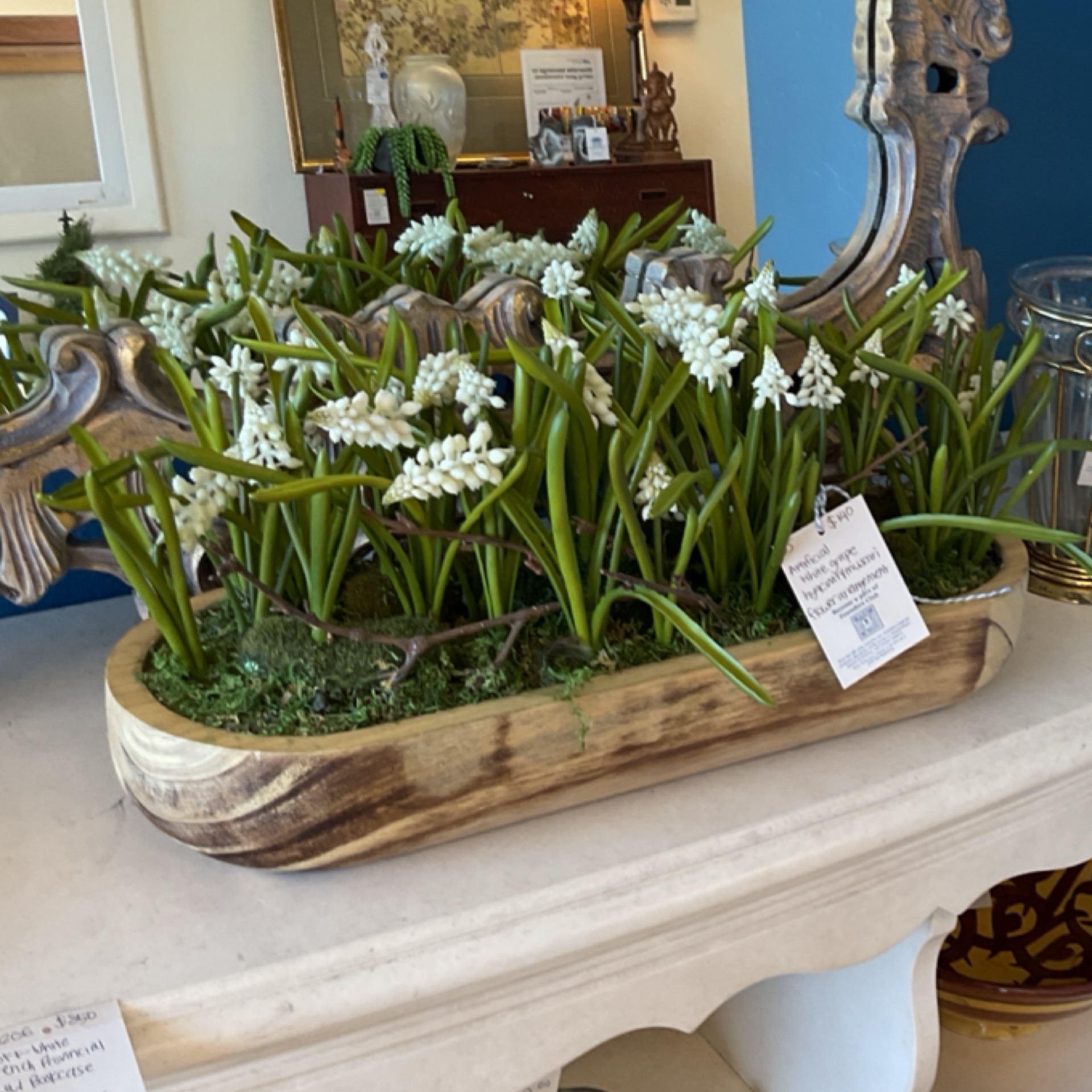 Artificial white grape hyacinth/muscari flower arrangement