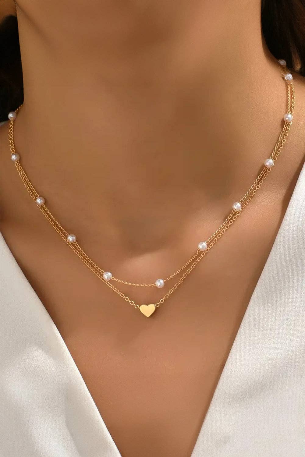 Gold Layered Necklace with Heart Pendant and Pearl Accents — Bama Tan boutique, Tuscaloosa AL