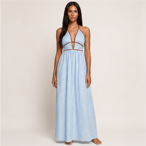 Striped Halter Neck Smocked Back Maxi Dress