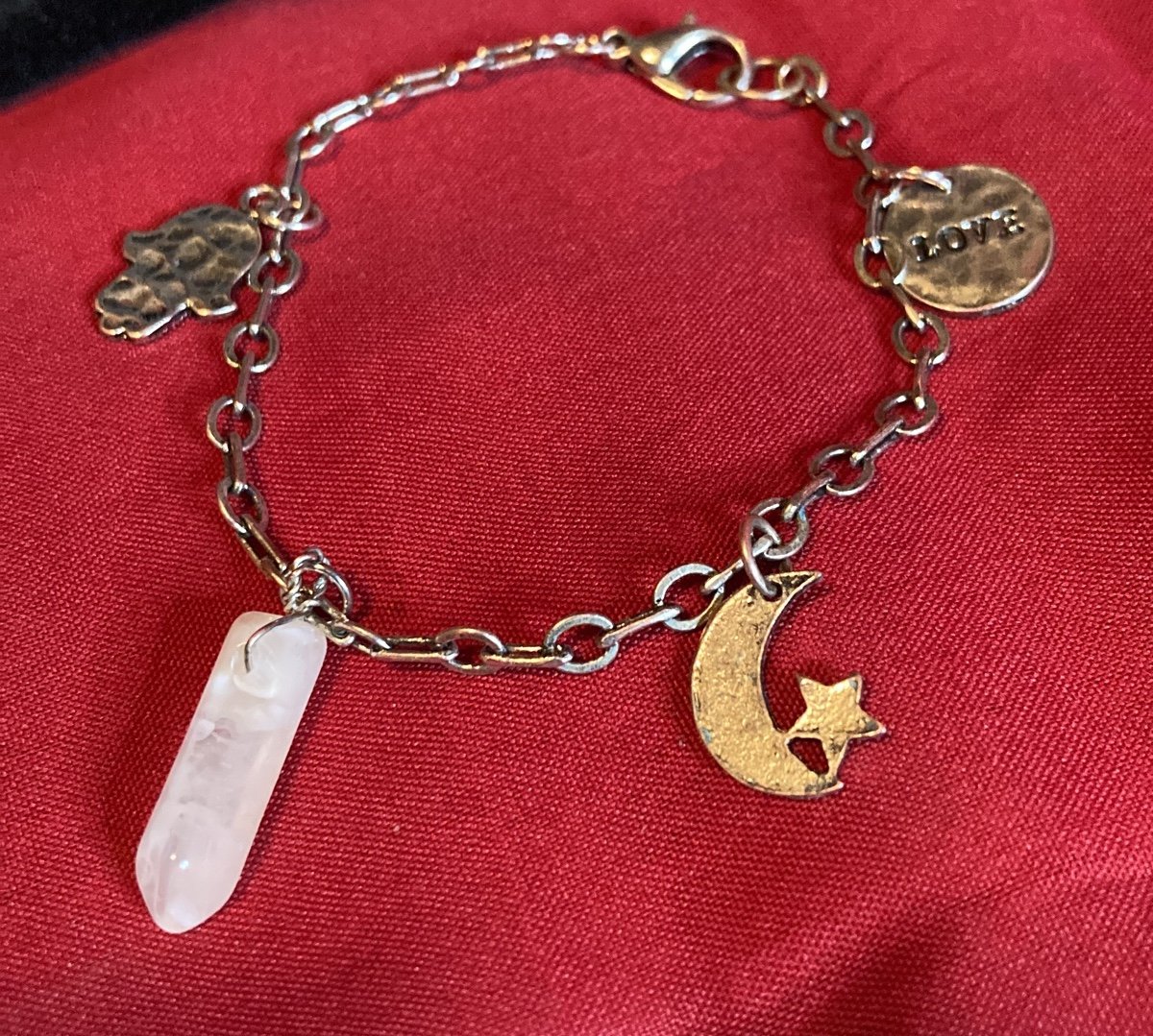 Charm bracelet silver Tone- LOVE, Moon star, Crystal and Hamsa Hand charms