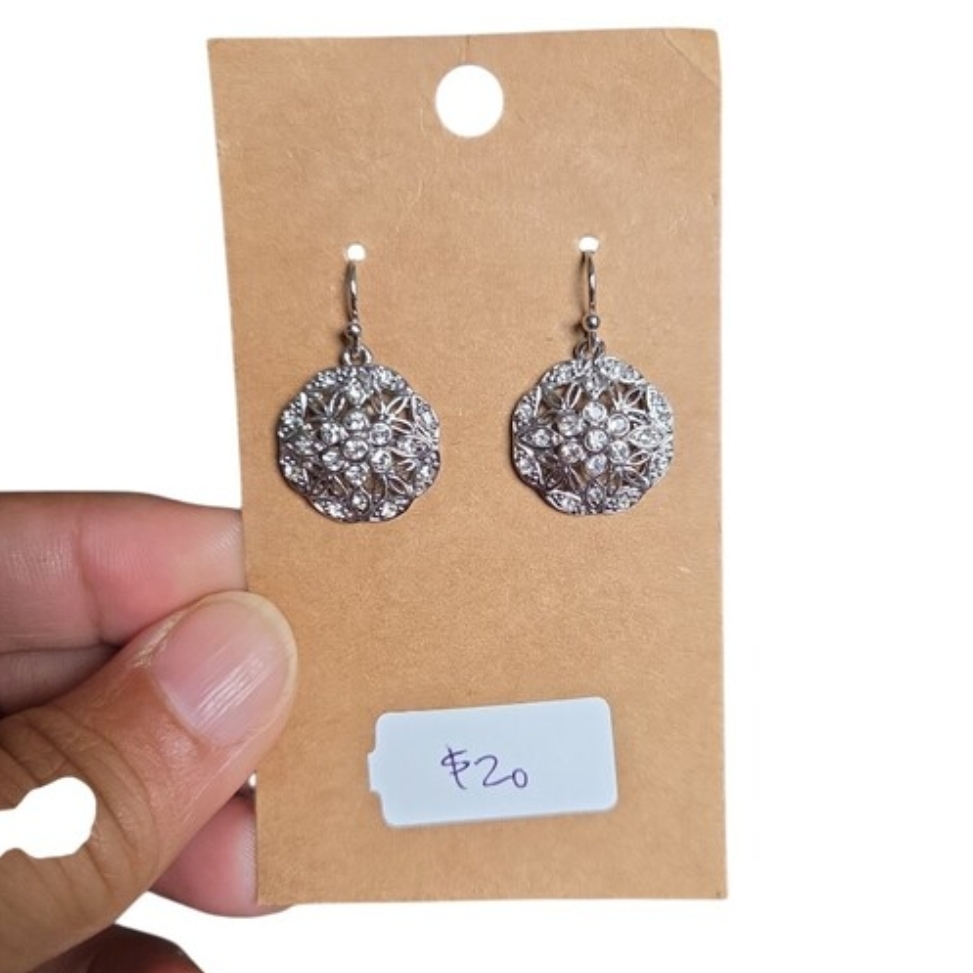 Silver Toned Floral Sparkling Crystal Drop Earrings 1"