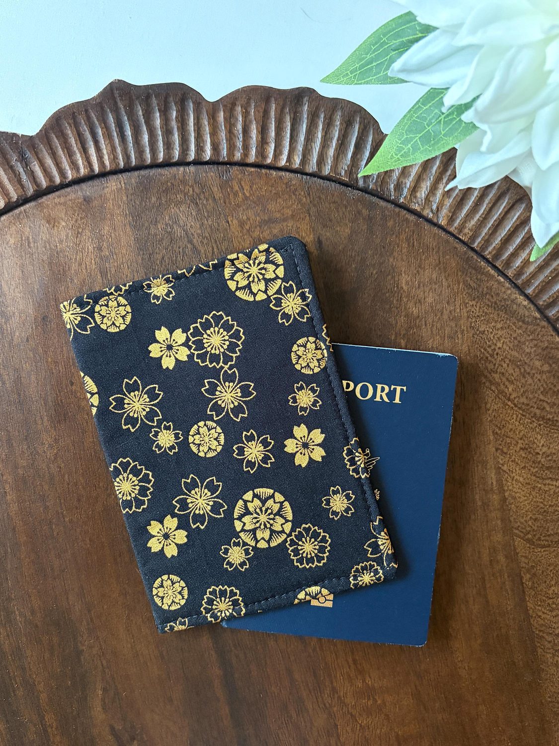 Passport Cover – Gold Blossoms on Black – handmade passport cover