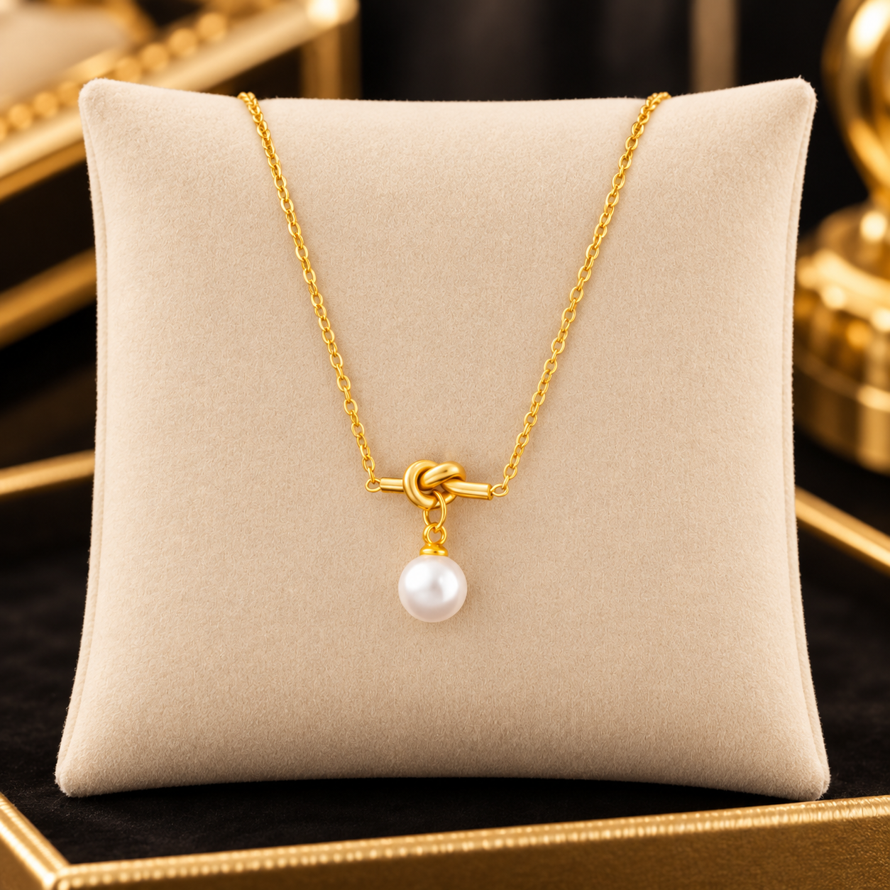 18K Gold Plated 304 Stainless Steel Love Knot Pearl Pendant Necklace