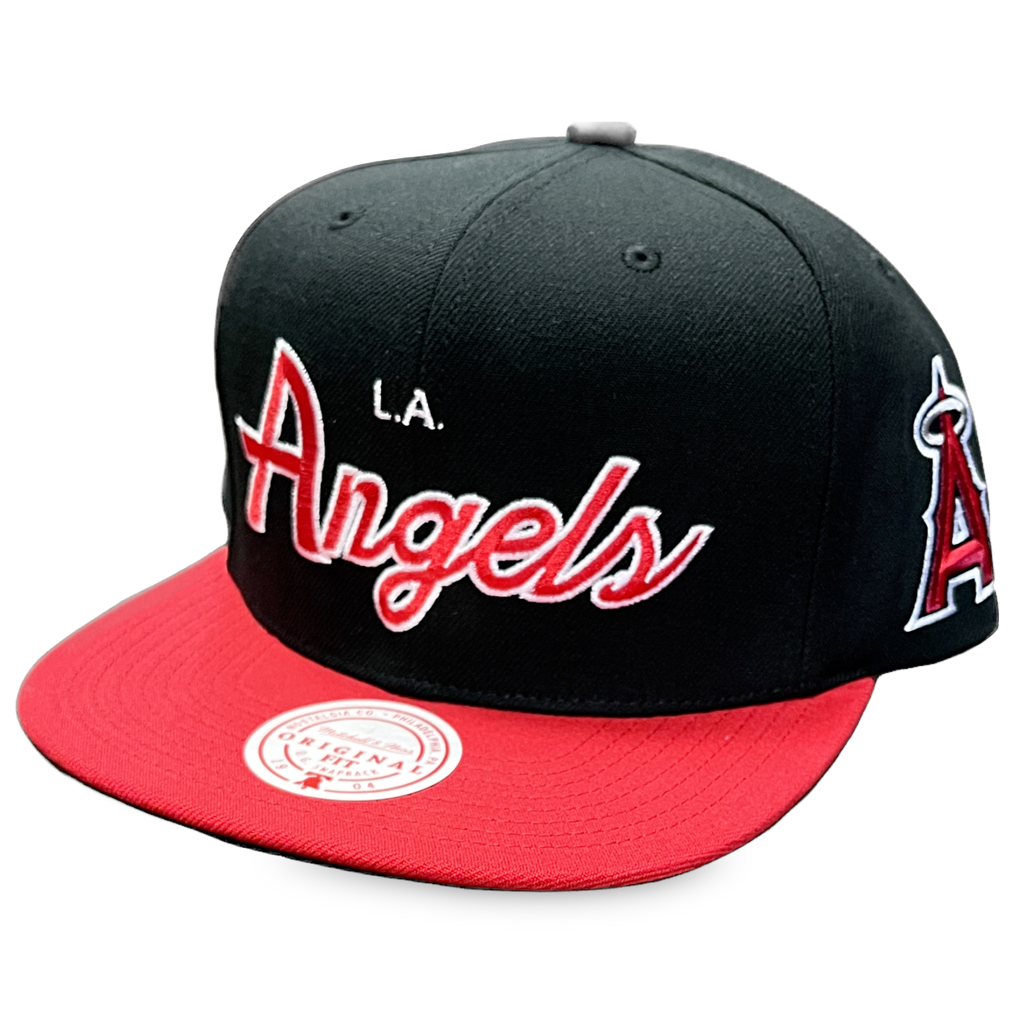 Los Angeles Angels Black/Red Mitchell and Ness Block Script Snapback Hat
