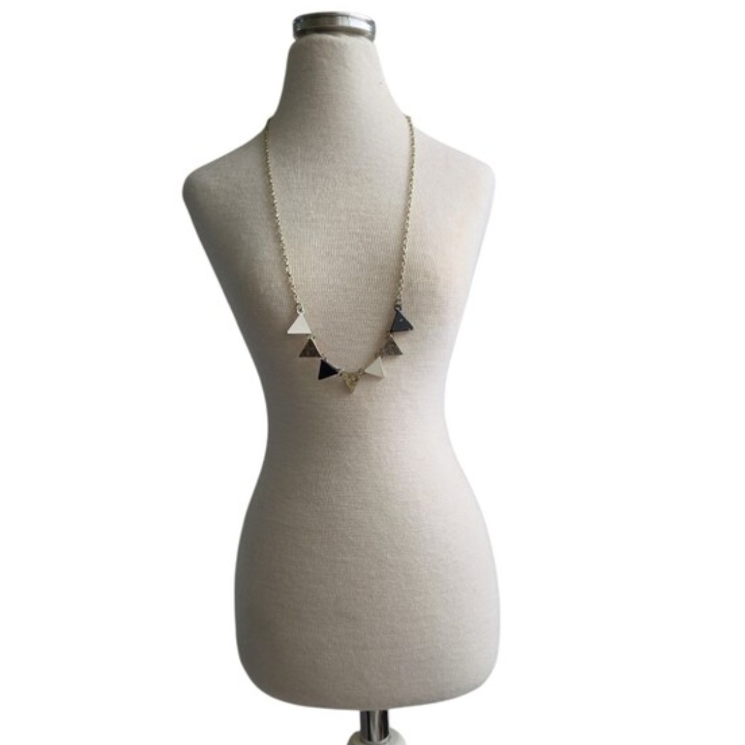 Gold Toned Pebbled Triangle Pendant Necklace with Black and Cream Accents 20"