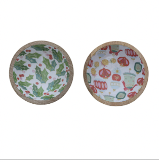Enameled Mango Wood Bowl w/ Holly/Ornaments, Multi Color, 2 Styles