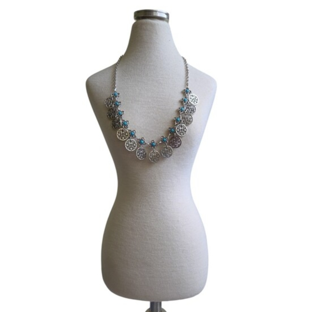 Silver Toned Coin Pendant Necklace with Turquoise Accents