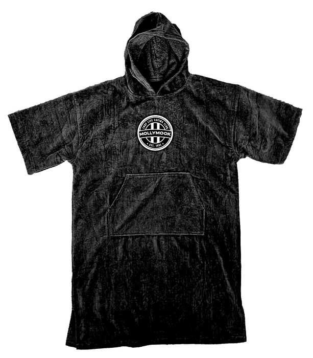 Black hooded changing towel with a front pouch pocket and circular Mollymook club logo on the chest.