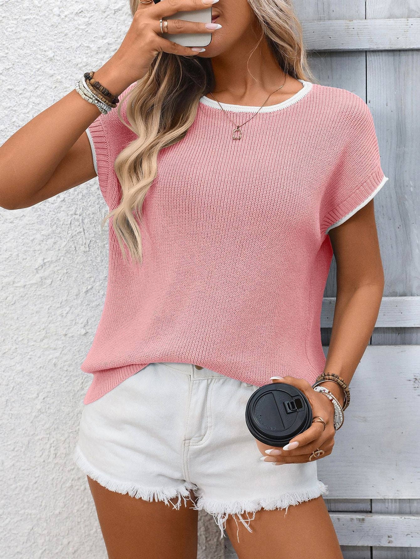 Contrast Trim Knit Top Short Sleeve Casual Sweater — Bama Tan boutique, Tuscaloosa AL
