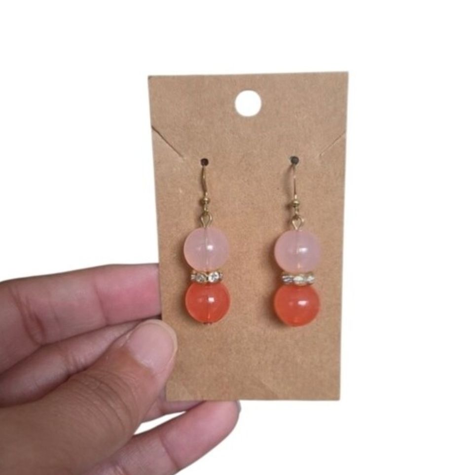 Vintage Gold Drop Earrings with Pink and Orange Beads 1.75"
