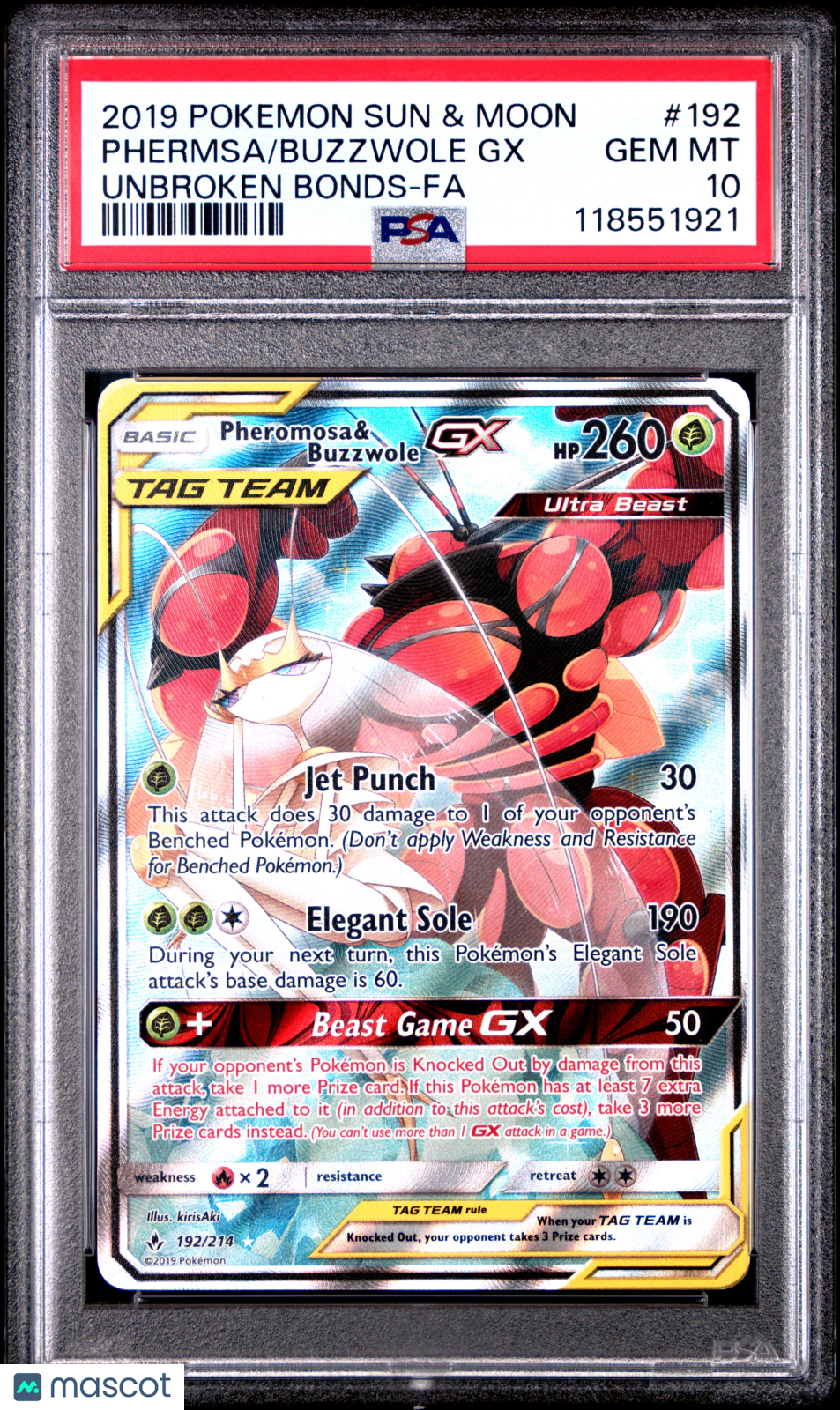 2019 Pokemon Sun & Moon Unbroken Bonds Buzzwole/Phermsa GX #192 PSA 10