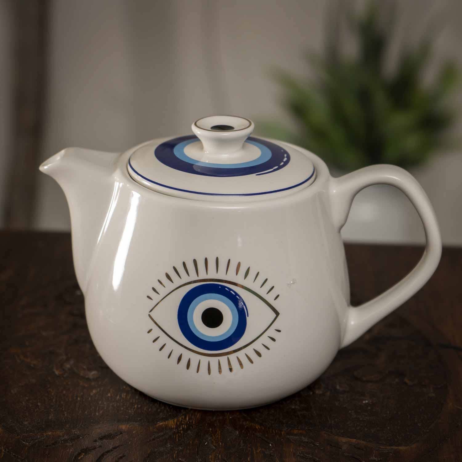 All Seeing Eye Teapot with Strainer White