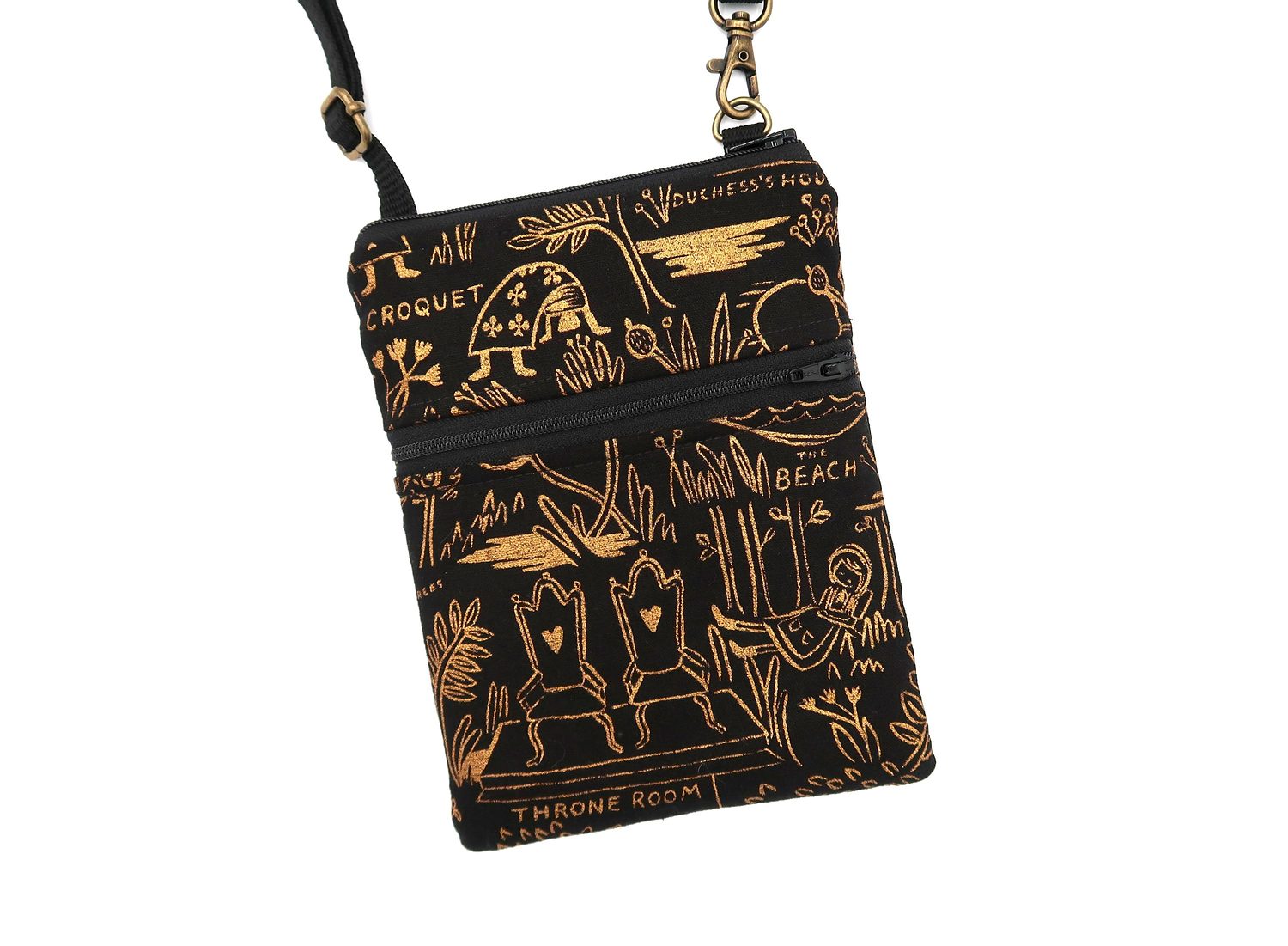 Small Crossbody Bag – Wonderland Black & Gold – handmade crossbody bag
