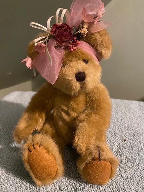 Light Brown Bear with Rose & Pink Ribbon Bow 12"x6"