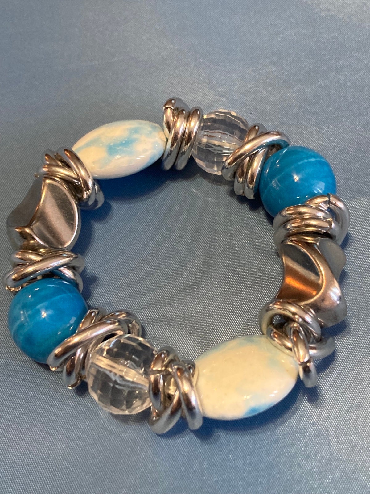 Chunky Silver Tone Sky Blue/ White Stone Stretch Bracelet