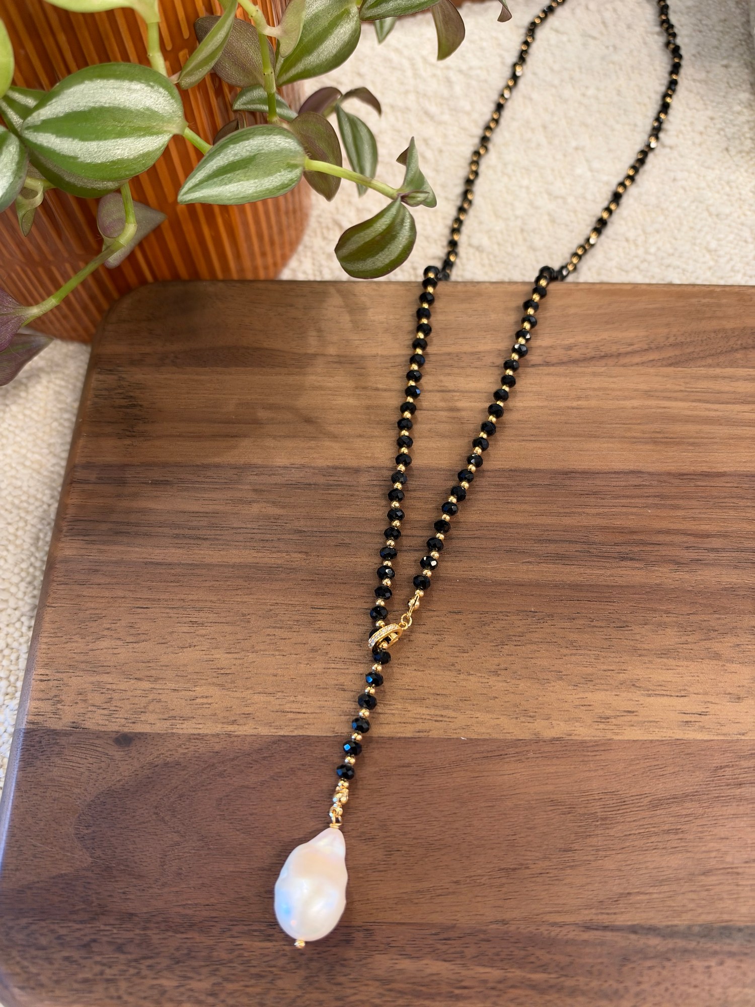Black Onyx & Natural Pearl Long Necklace