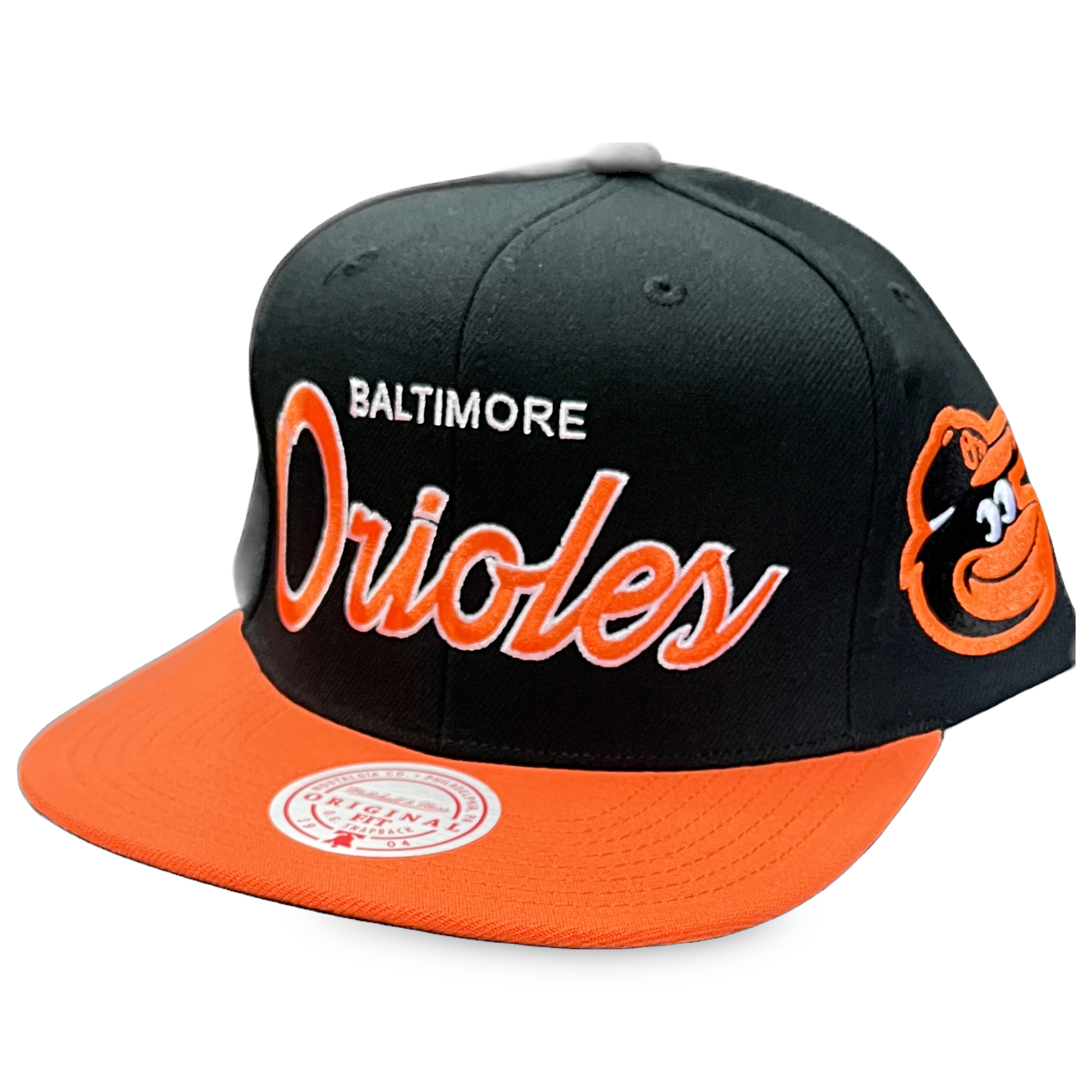 Baltimore Orioles Black/Orange Mitchell and Ness Block Script Snapback Hat