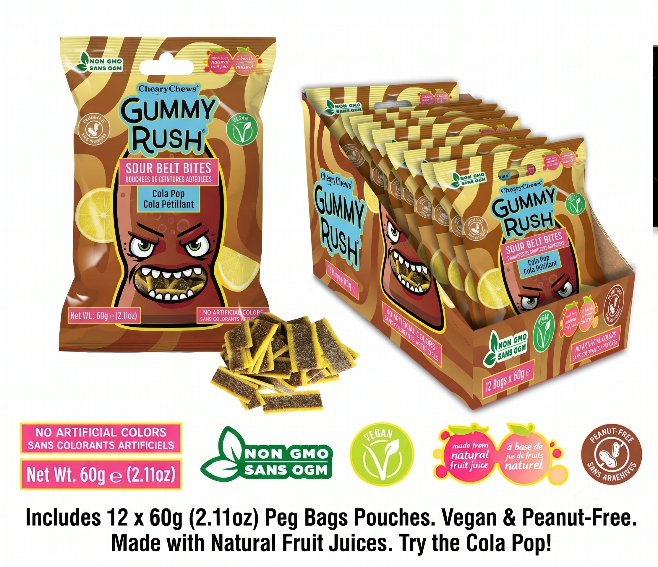 Gummy Rush Mini Sour Belt Bites Cola Pop 2.11oz 12ct Tray