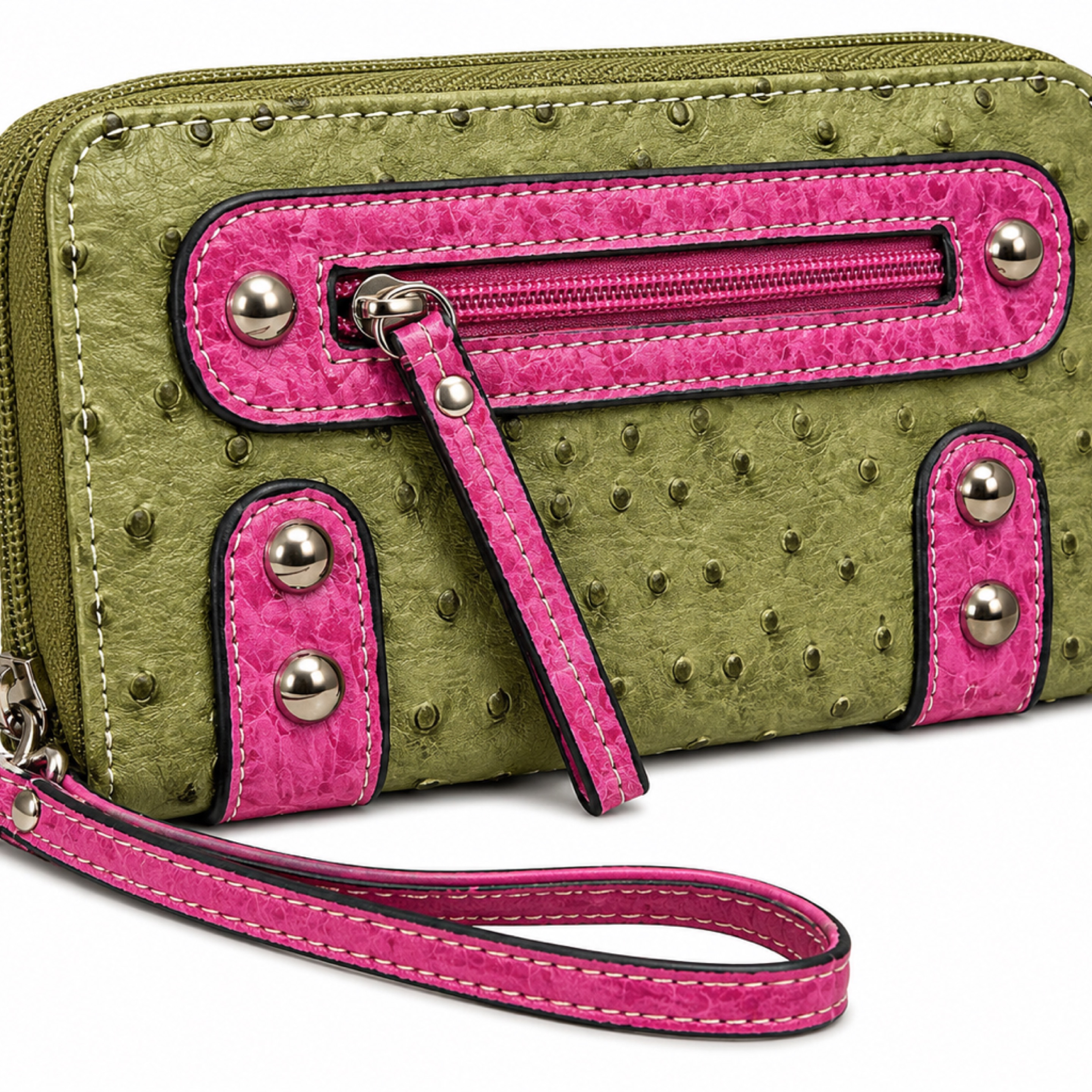 Olive & Pink Ostrich Style Wristlet Wallet