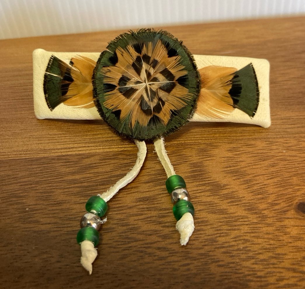 Native Feather Leather with Green glass dangling beads Hair barrette