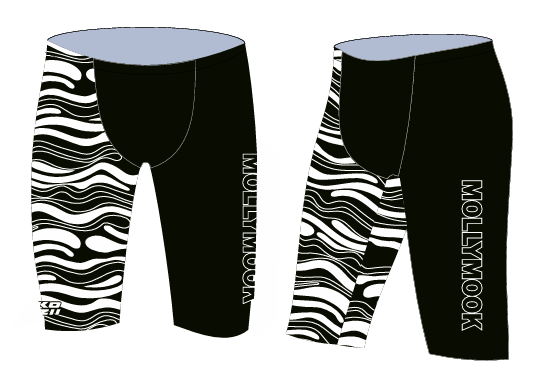 Front and back views of black-and-white wave-pattern Mollymook jammer swimwear.