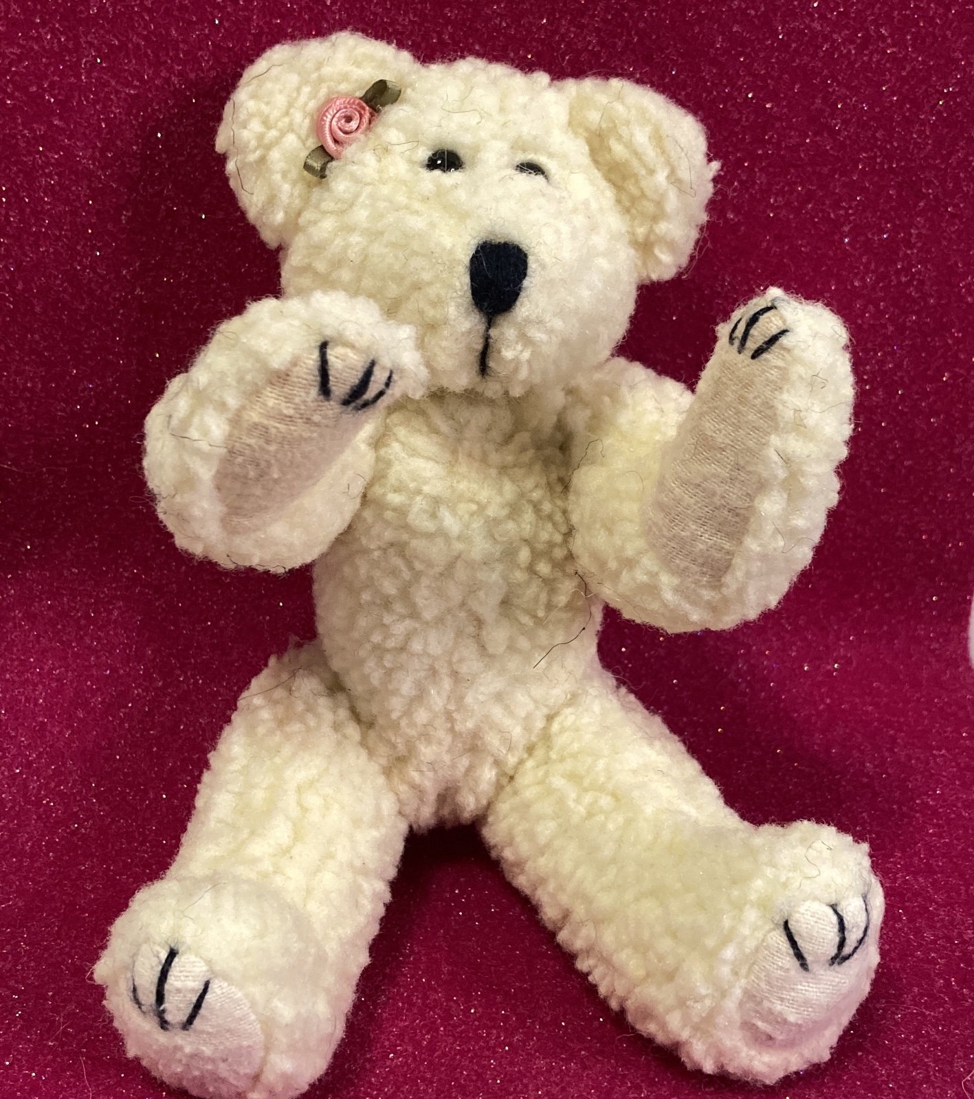 Beige Jointed Bear with Pink Rose  6”