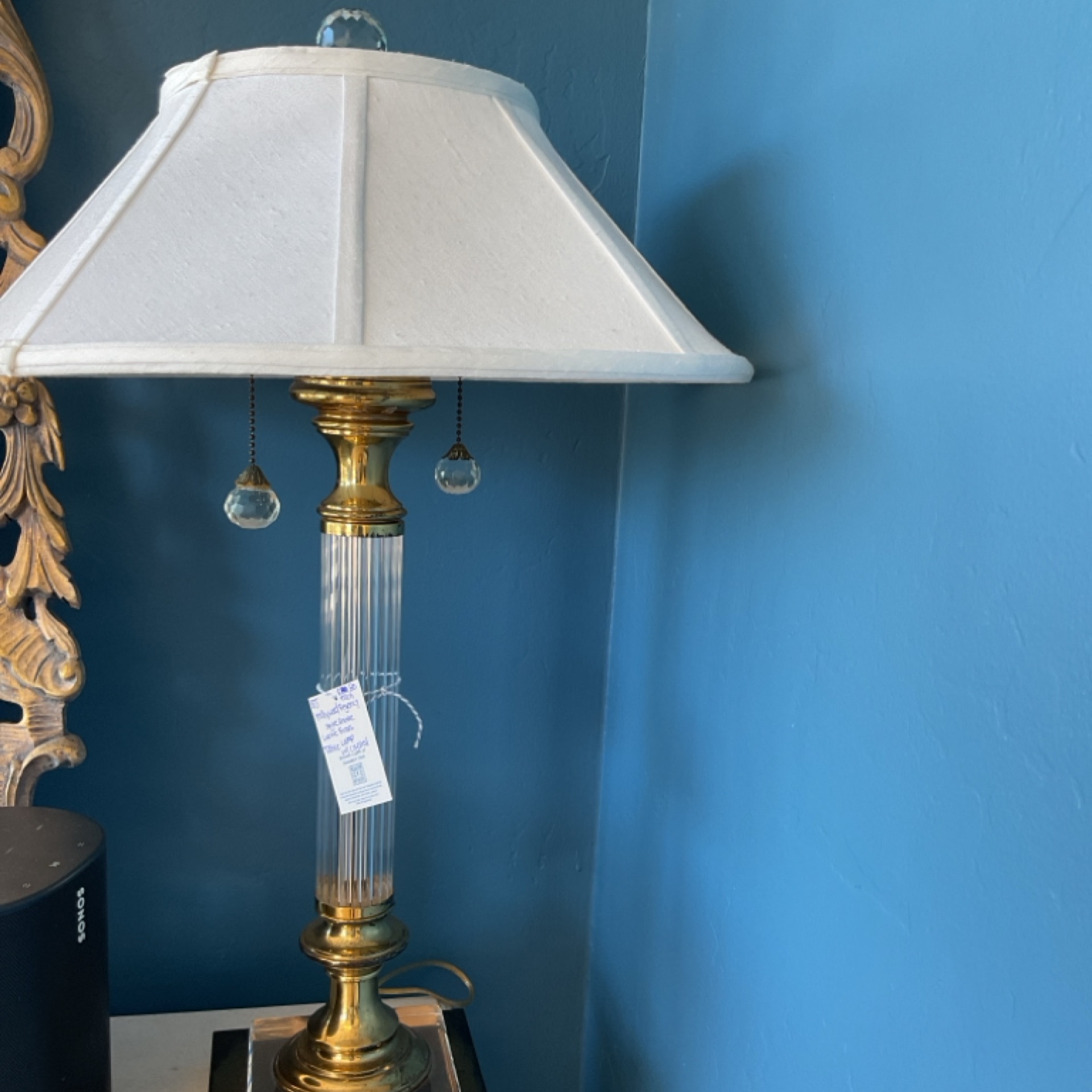 Hollywood Regency style reede lucite brass table lamp with Crystal set of 2