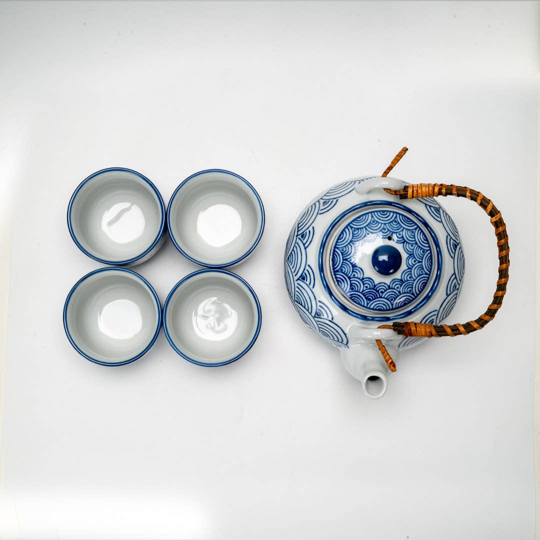 Japanese Seikaiha Waves Tea Set 22oz Tea Pot with 4 Cups (1/12)