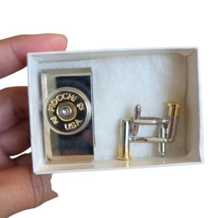 Silver & Gold 12 Gauge Fiocchi USA Casing Money Clip and Cufflink Set
