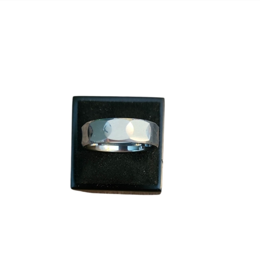 Size 11 Silver Toned Tungsten Carbide  Faceted Band