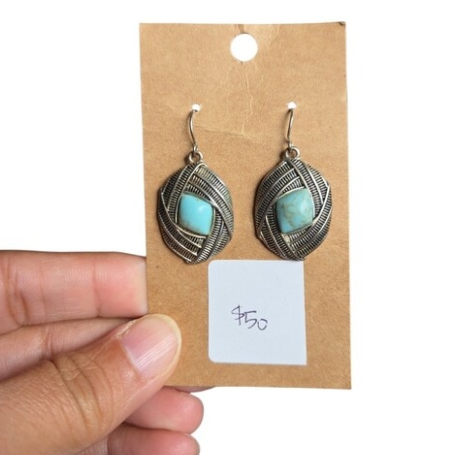 Turquoise Stone Silver-Tone Drop Earrings 1.5"