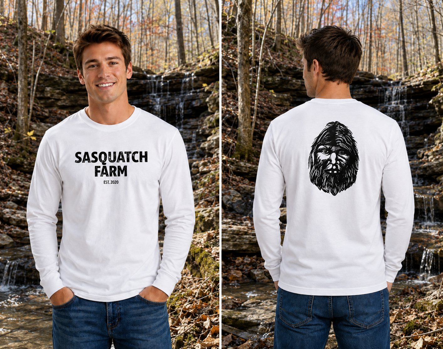 White Long Sleeve Hooded Shirt, Sasquatch Farm apparel