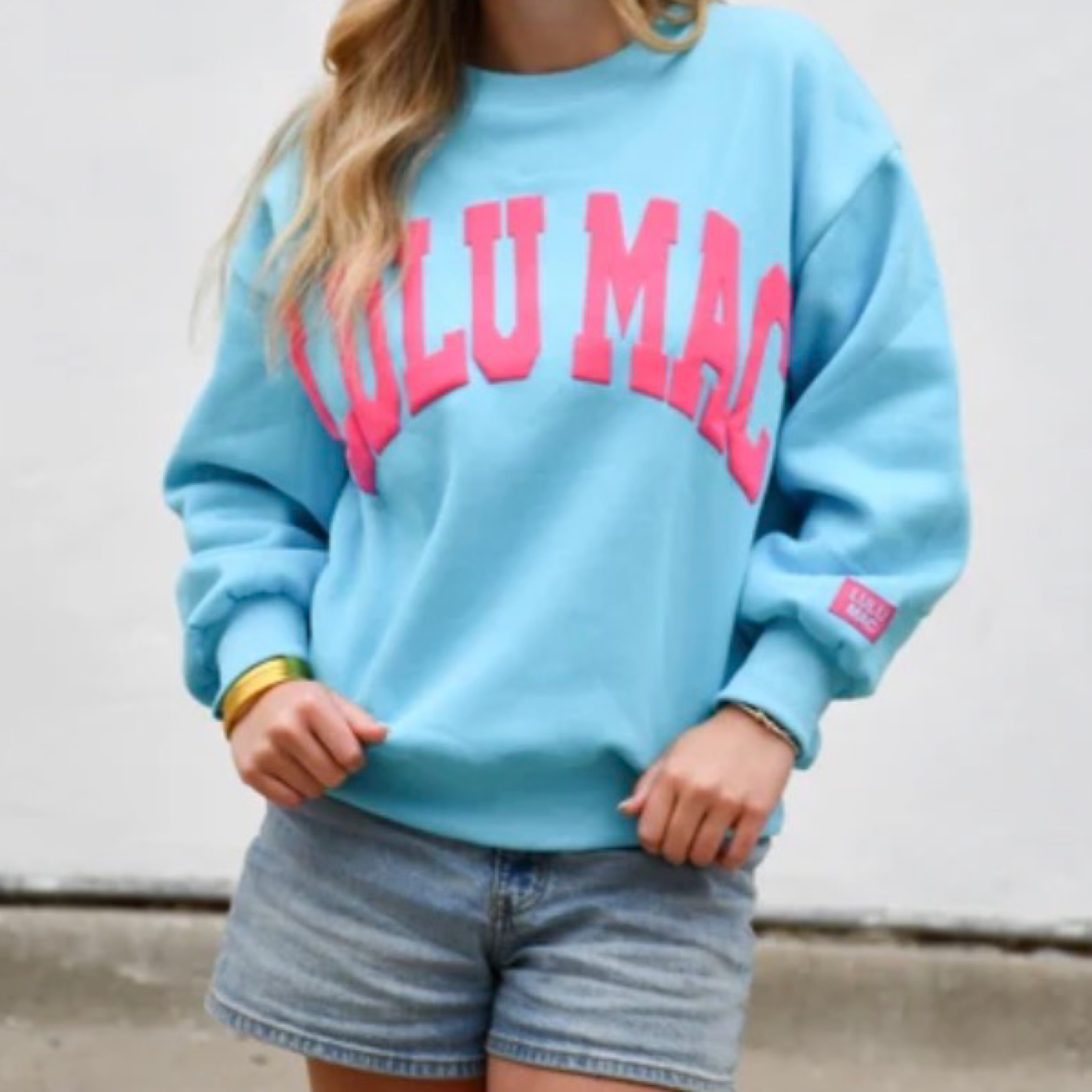 Lulumac sweatshirt blue/pink puff — Bama Tan boutique, Tuscaloosa AL