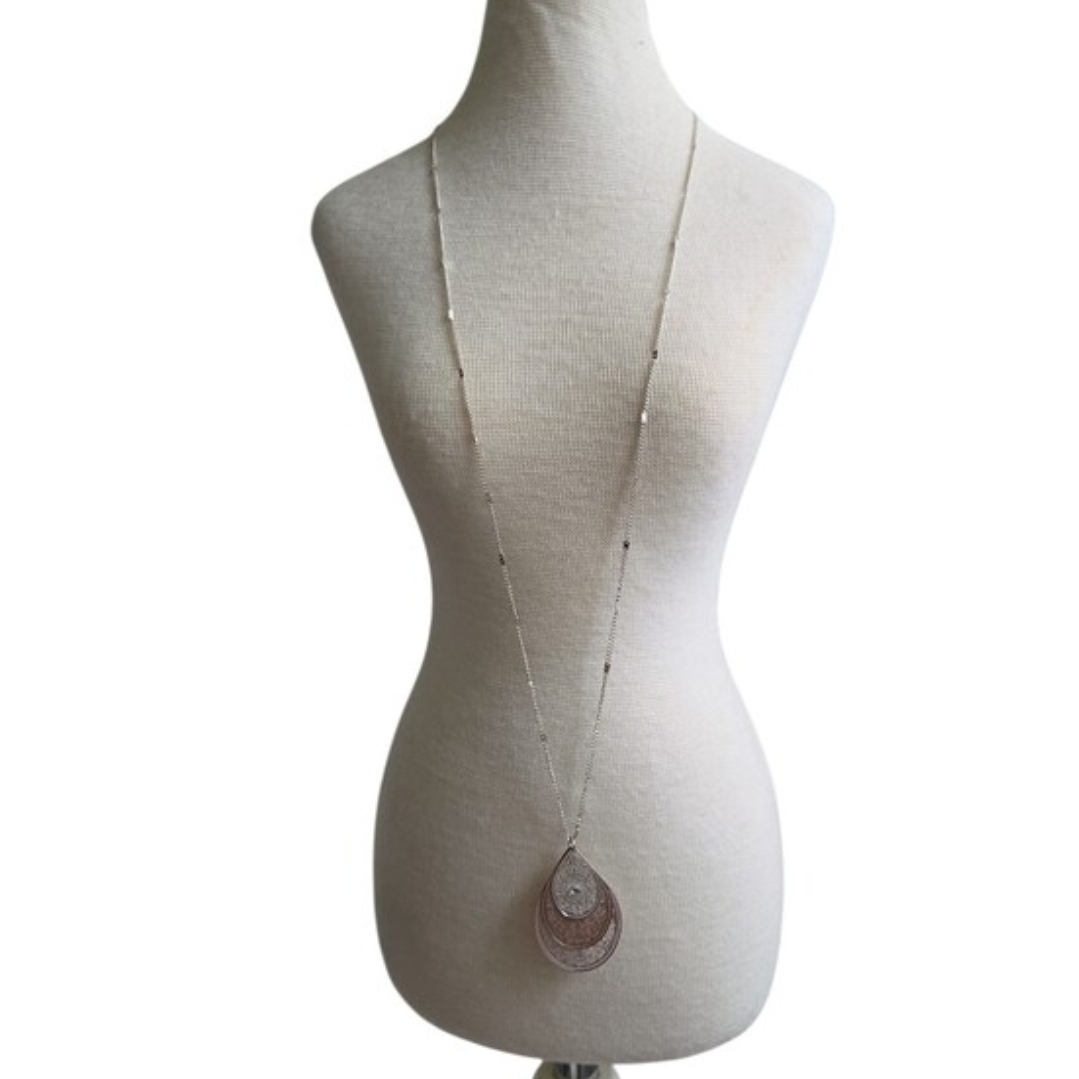 Silver and Rose Gold Toned Long Layered Teardrop Pendant Necklace 36"