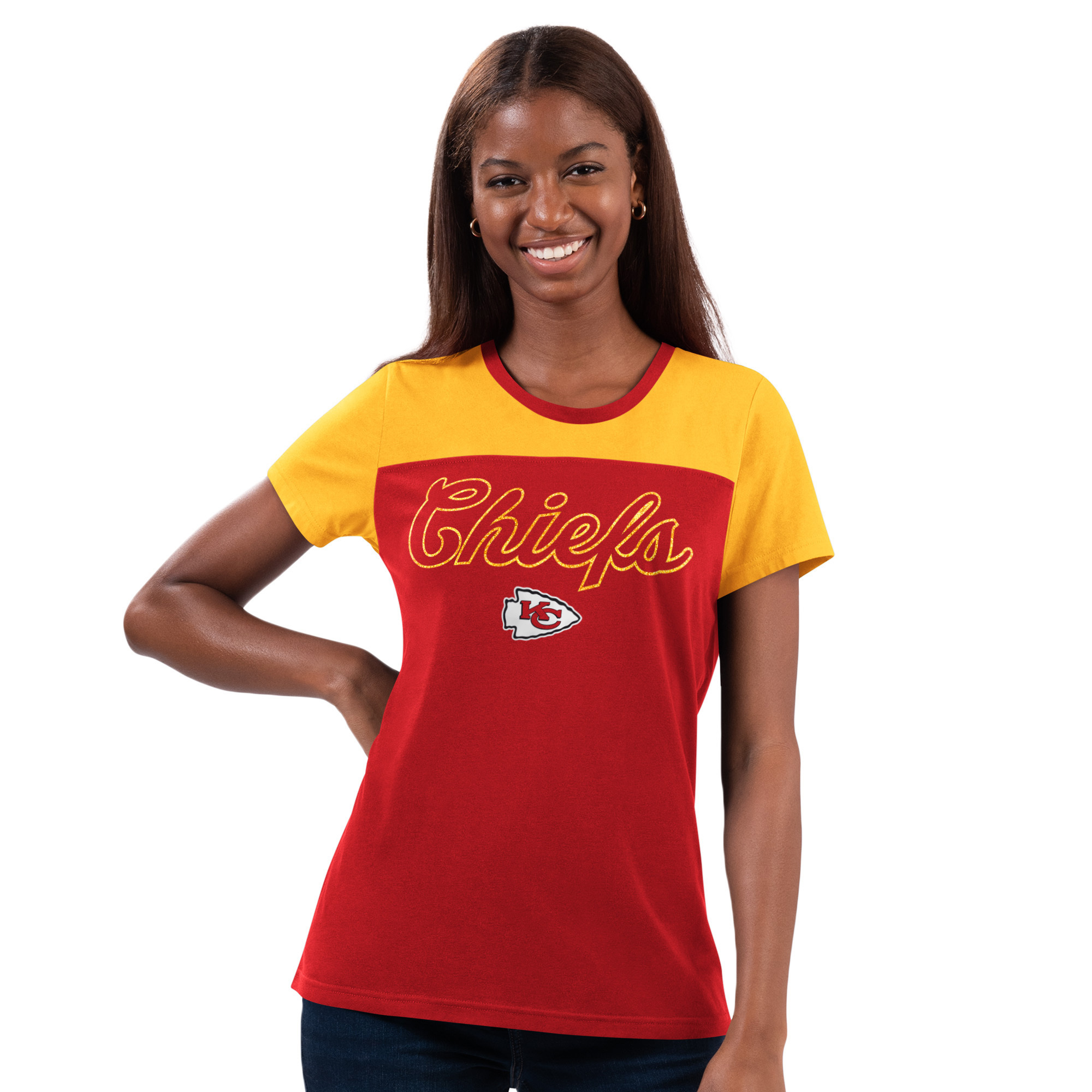 Kansas City Chiefs Ladies Red/Yellow Glitter g-III Shirt