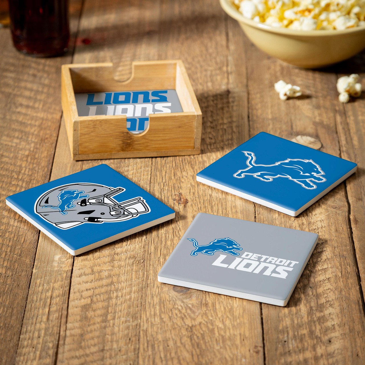 Detroit Lions 4 Piece Coaster Set with Wood Caddy