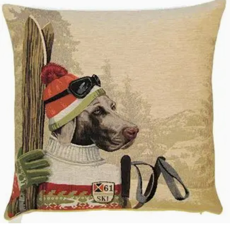 Weimaraner Dog with Skis Pillow 18"x18"