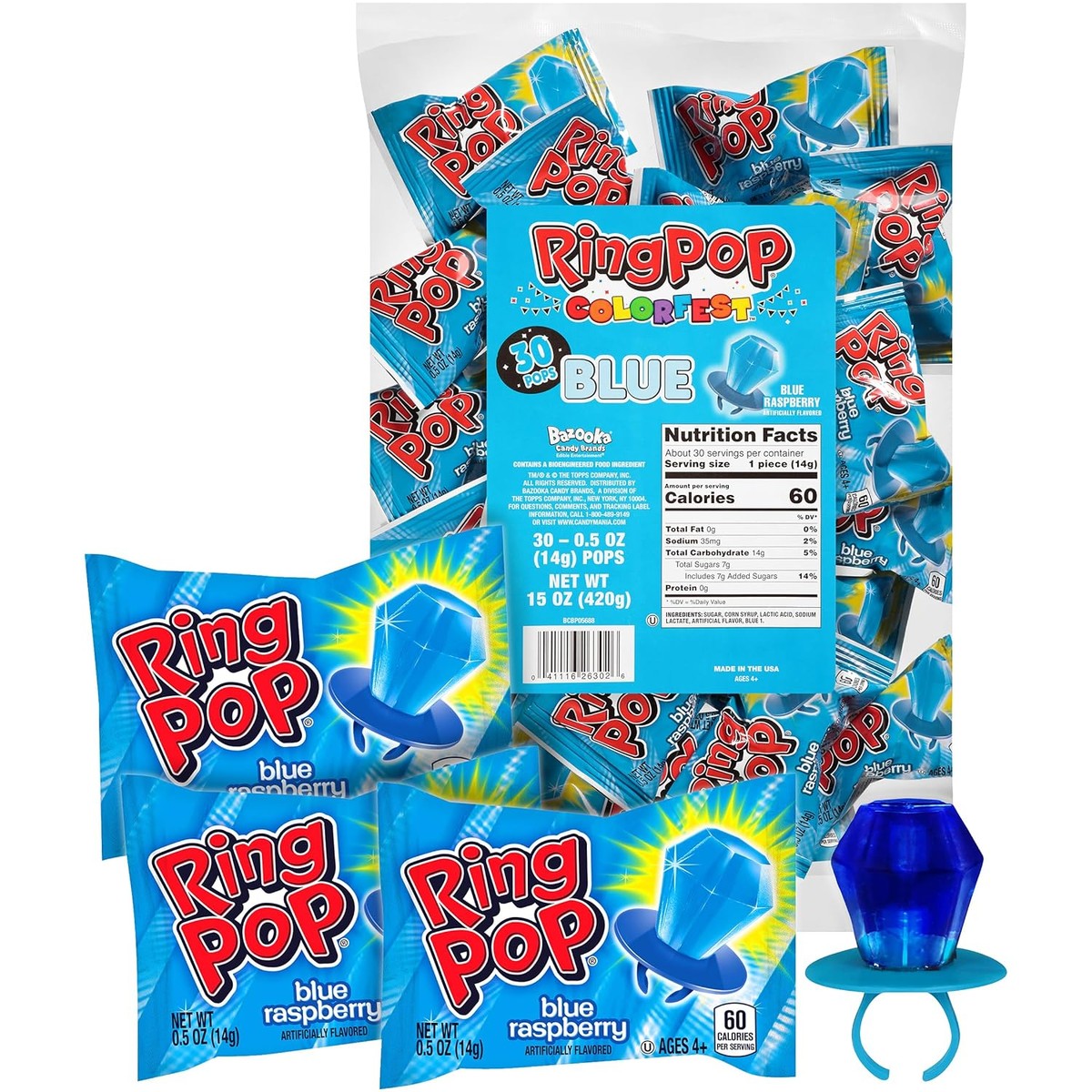 Ring Pop All Blue Raspberry Lollipop Candy 30ct