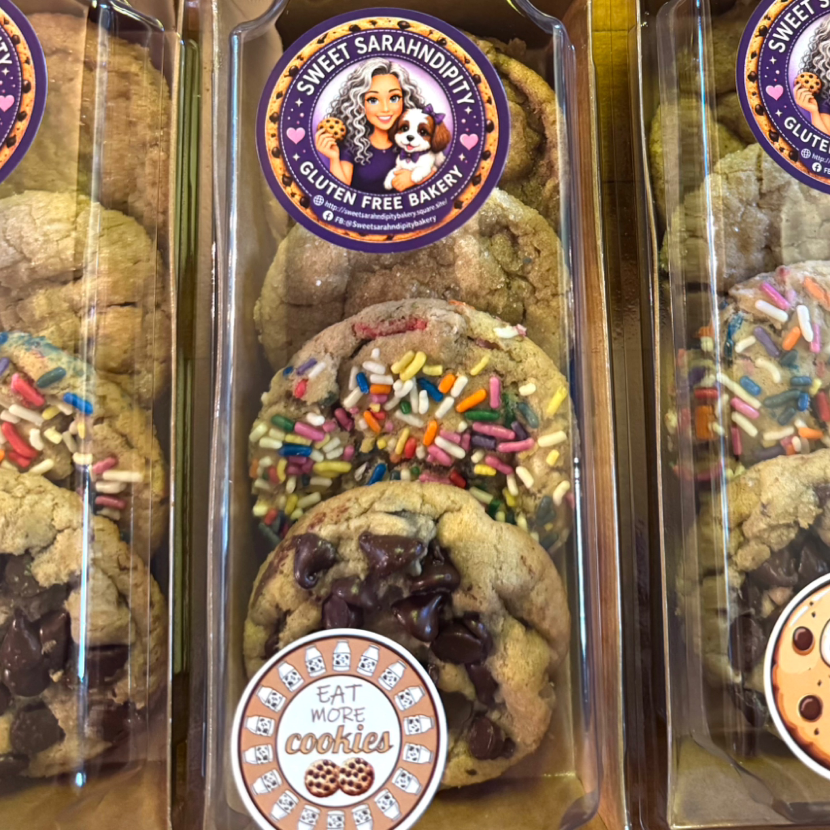 Photo of Cookie Flight (4 cookies) 4 Flavors. Chocolate Chip, Peanut Butter, Snickerdoodle and Shingles Sprinkles Birthday Cake.