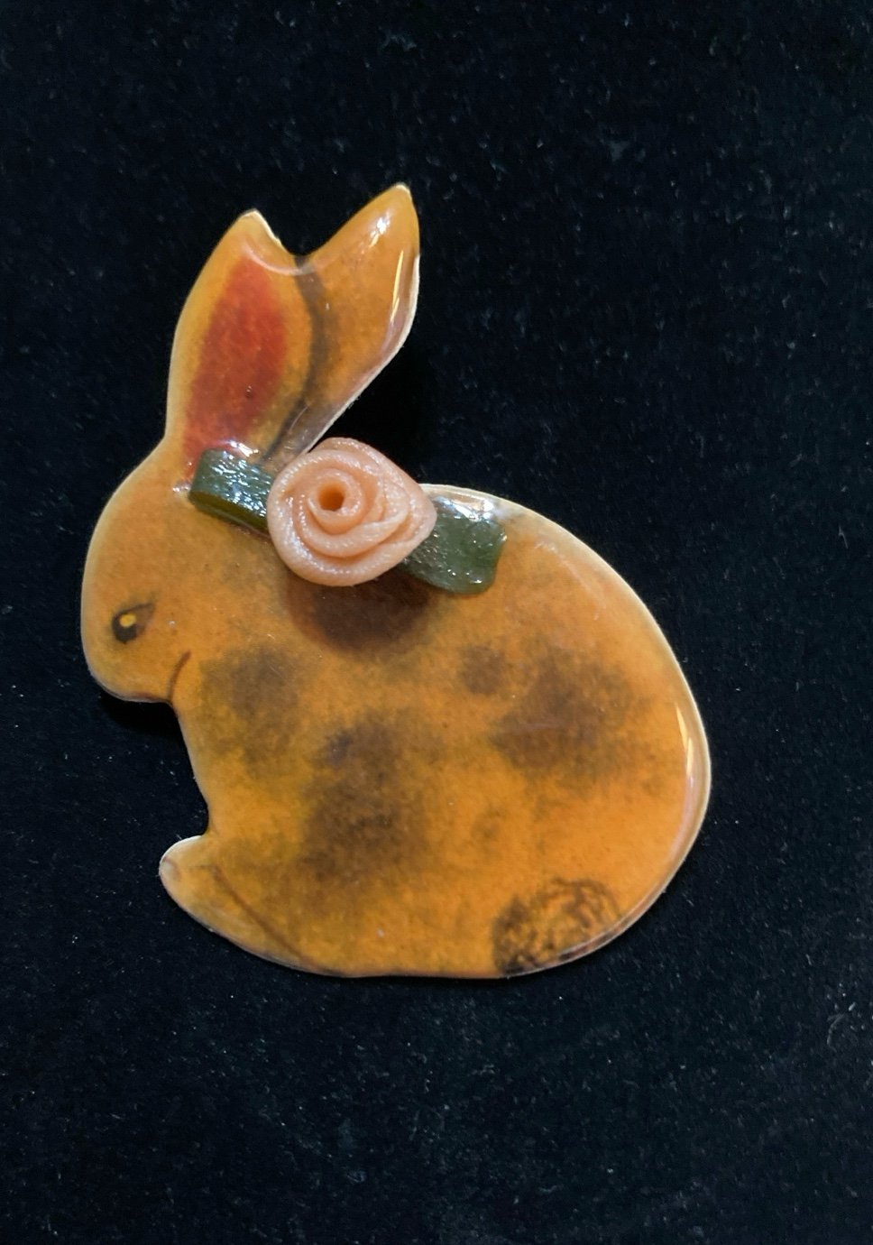 Easter Rabbit Brown/Orange Resin? Pink Flower Brooch