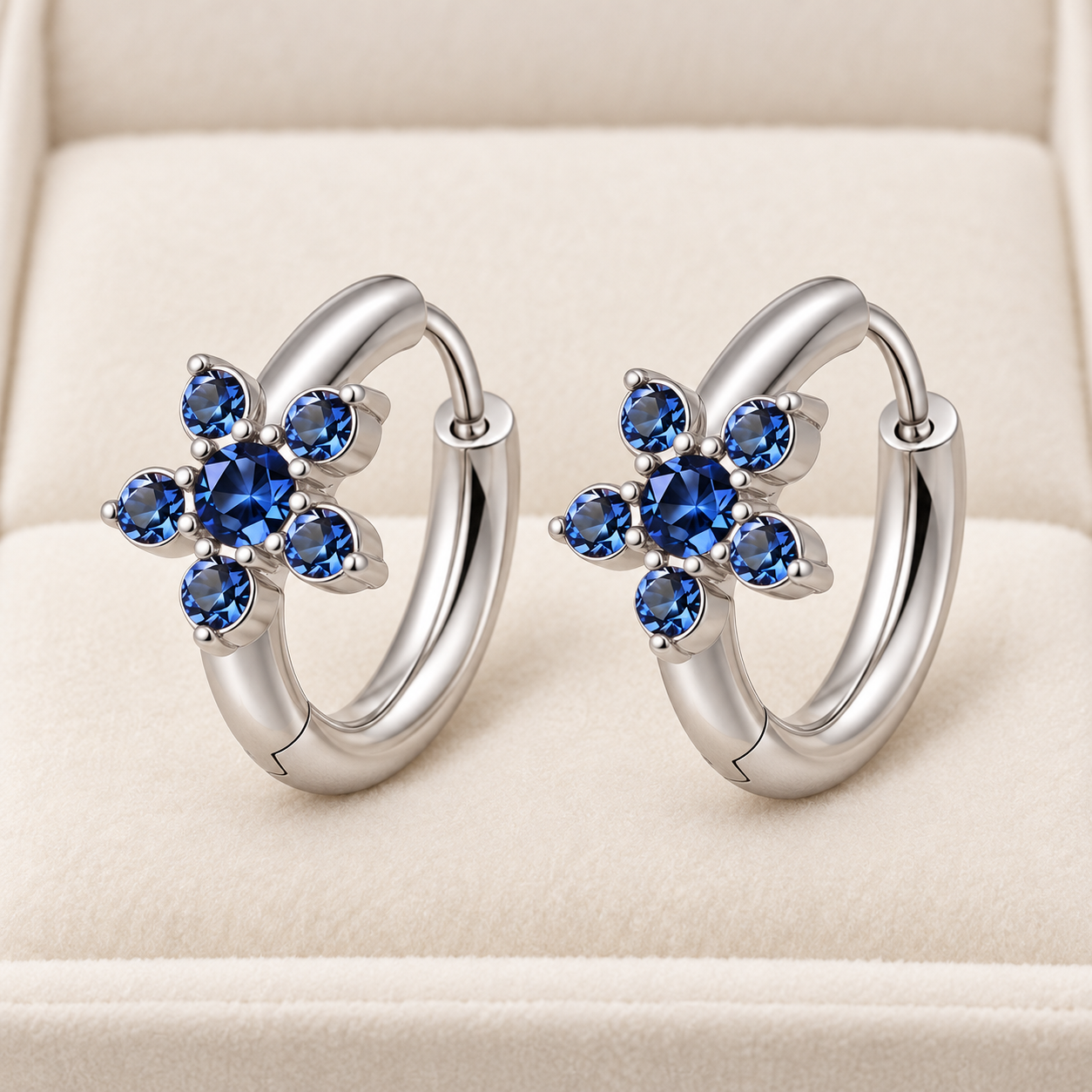 304 Stainless Steel Blue Rhinestone Flower Huggie Hoop Earrings
