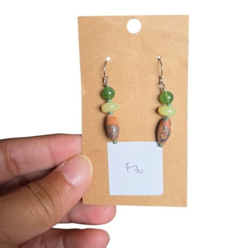Silver Toned Handmade Green Beaded Drop Earrings 2"