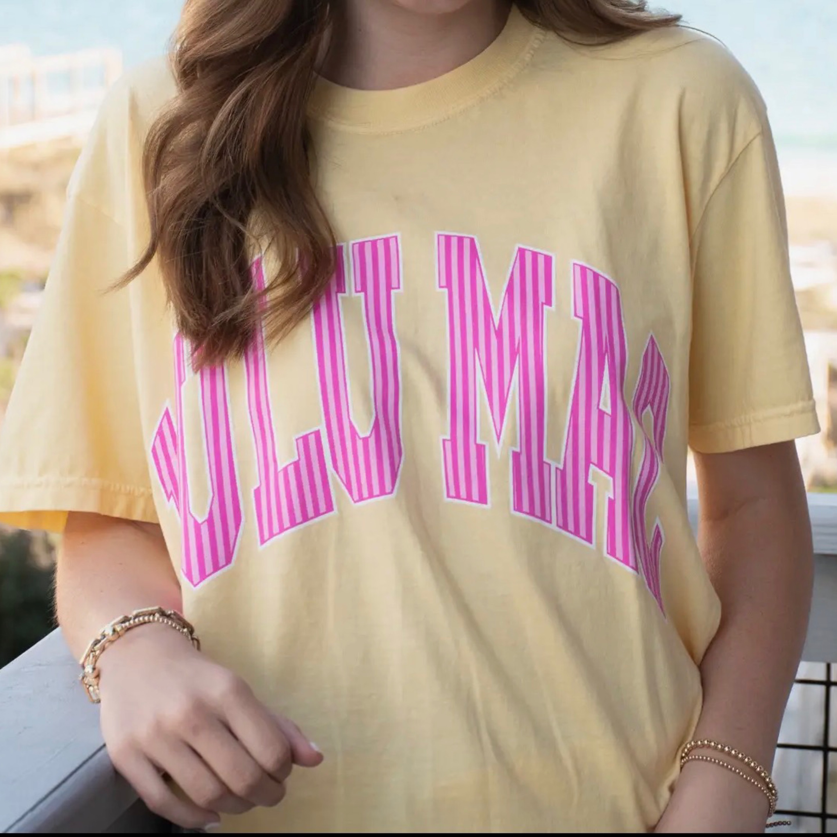LuluMac t shirt butter/pink stripe — Bama Tan boutique, Tuscaloosa AL