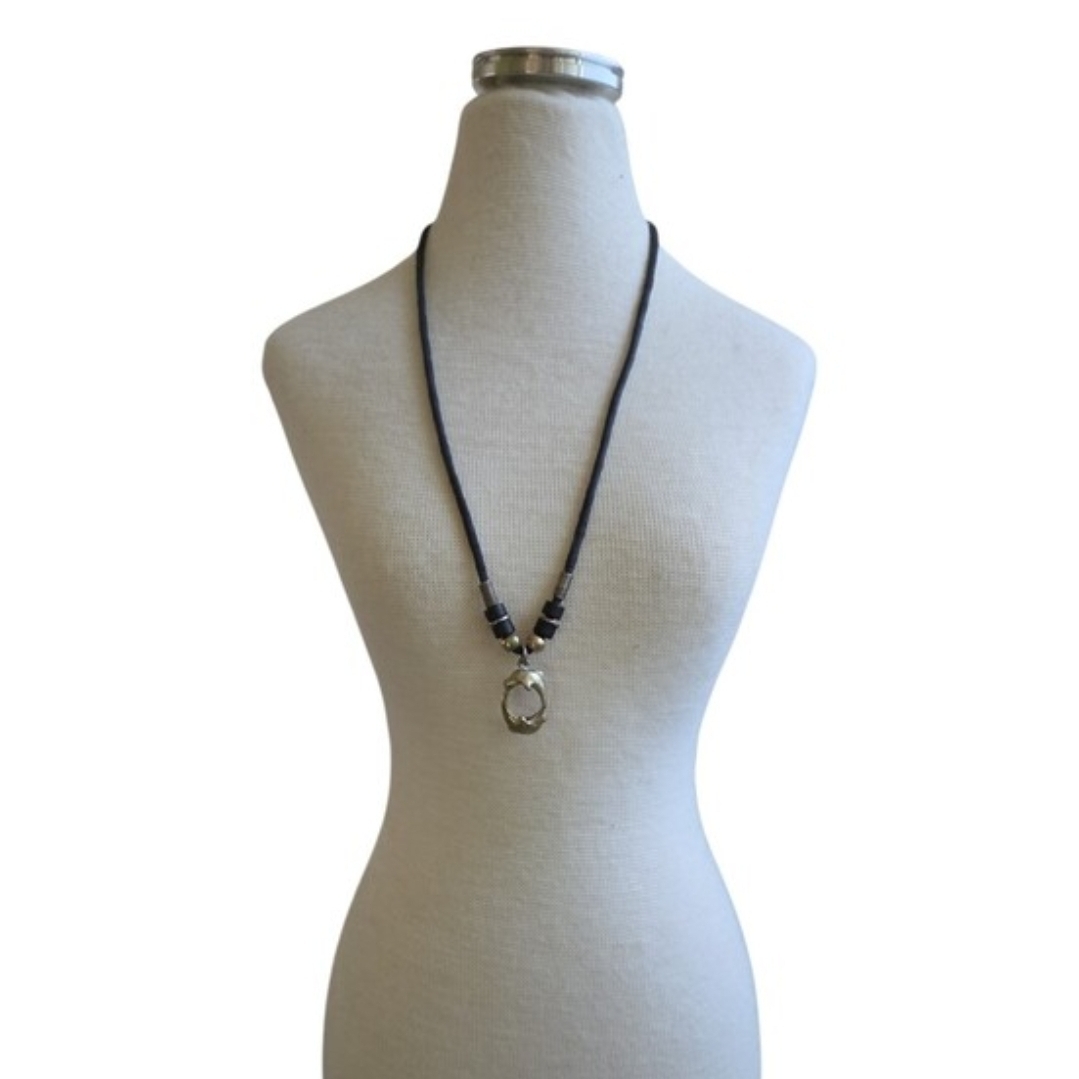 Vintage Silver Toned Black Cord Necklace Dolphin Pendant 17"