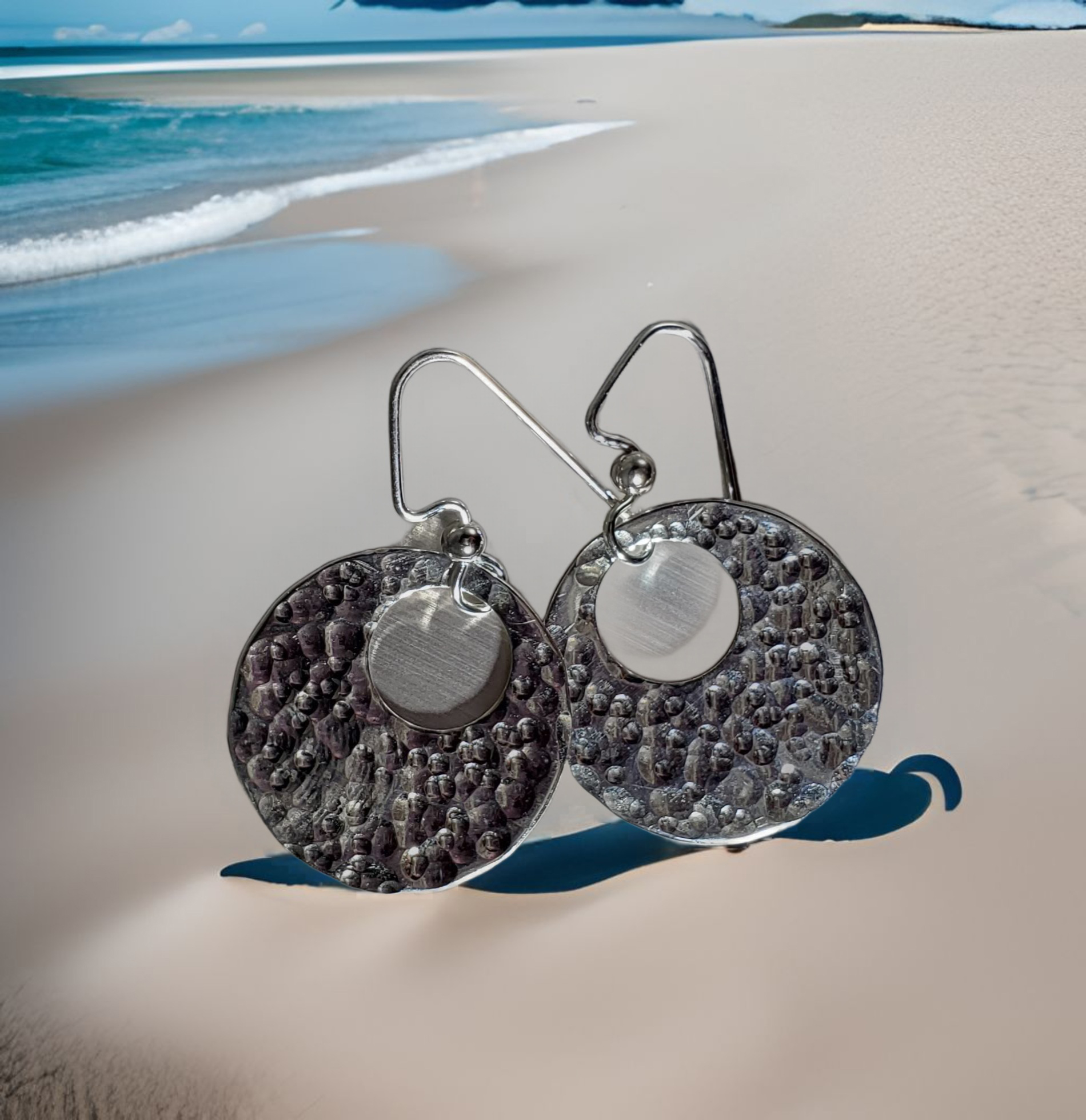 Hollow Hammered Asymmetrical Disc Earrings by Moss Creek Art