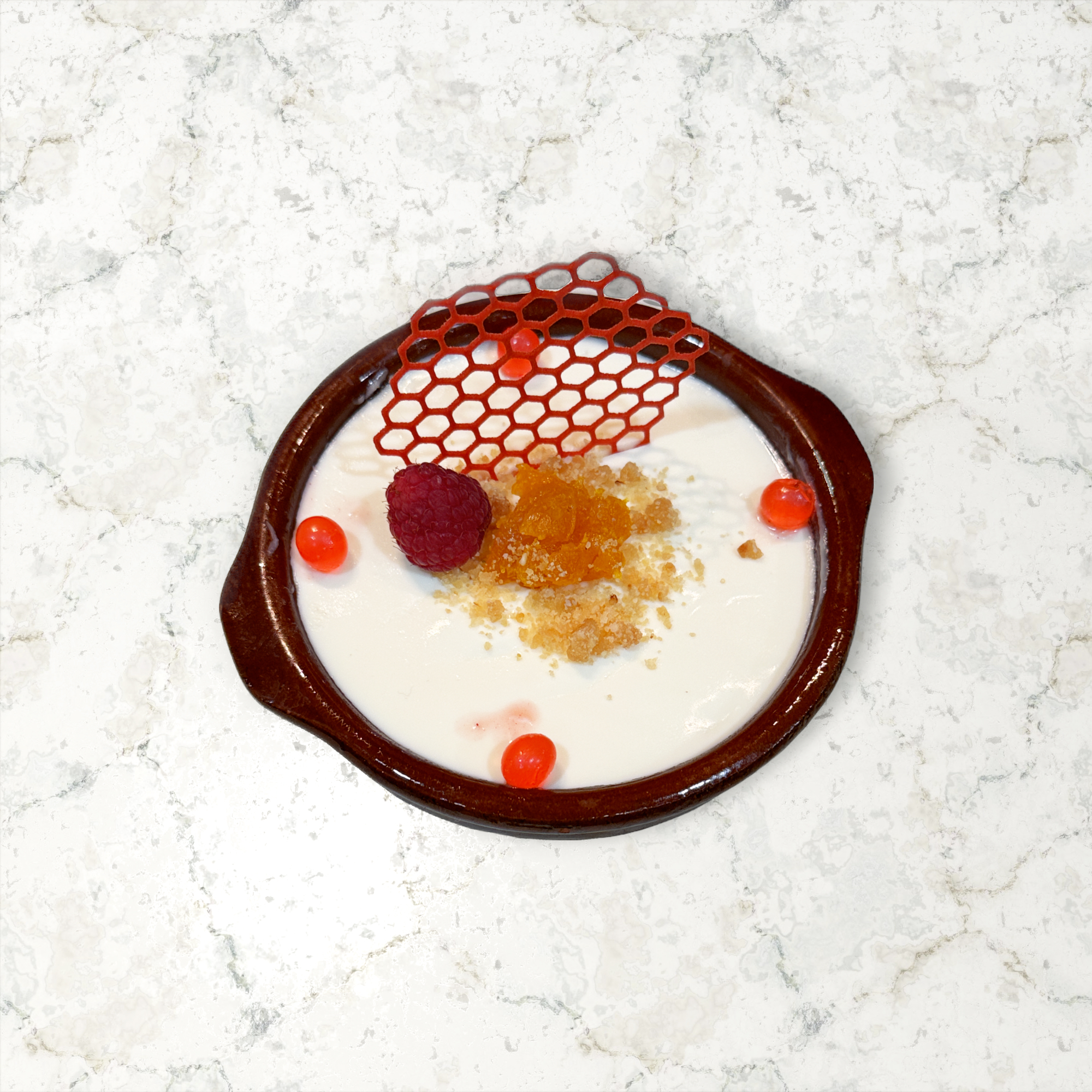 Baked Mishti Doi, Apricot Compote, Sesame Crumble