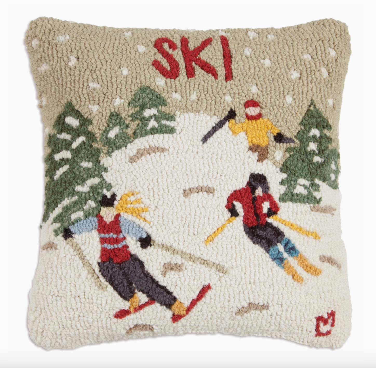 Ski Three Skiers Hooked Wool Pillow 18"x18"