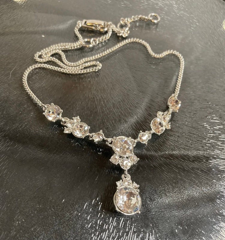 GIVENCHY Dangle Rhinestone Necklace Silver Tone