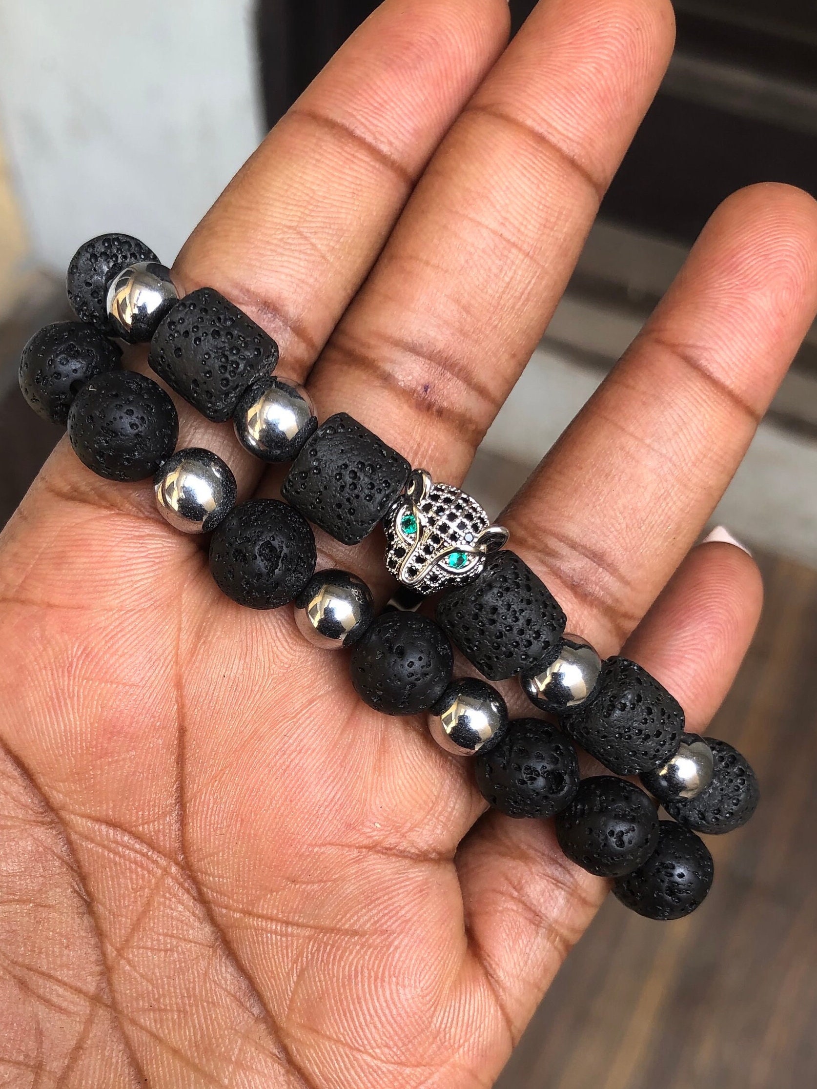 Leopard Head Lava Bead Bracelet Set: Unisex Elastic Bracelet, boyfriend, Father’s Day gift