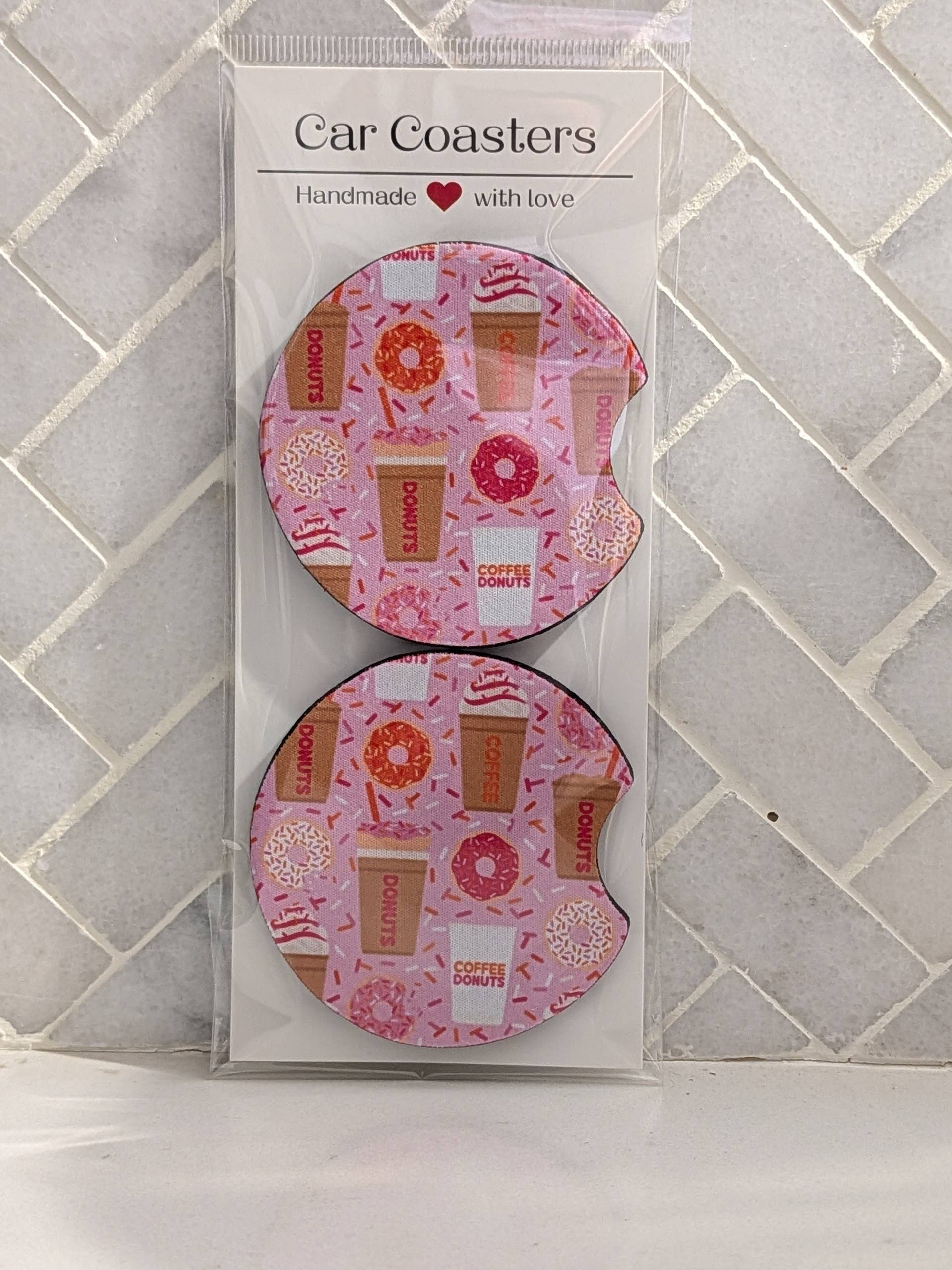 Sprinkle Donut and Coffee Inspired Car Coasters  : Pink